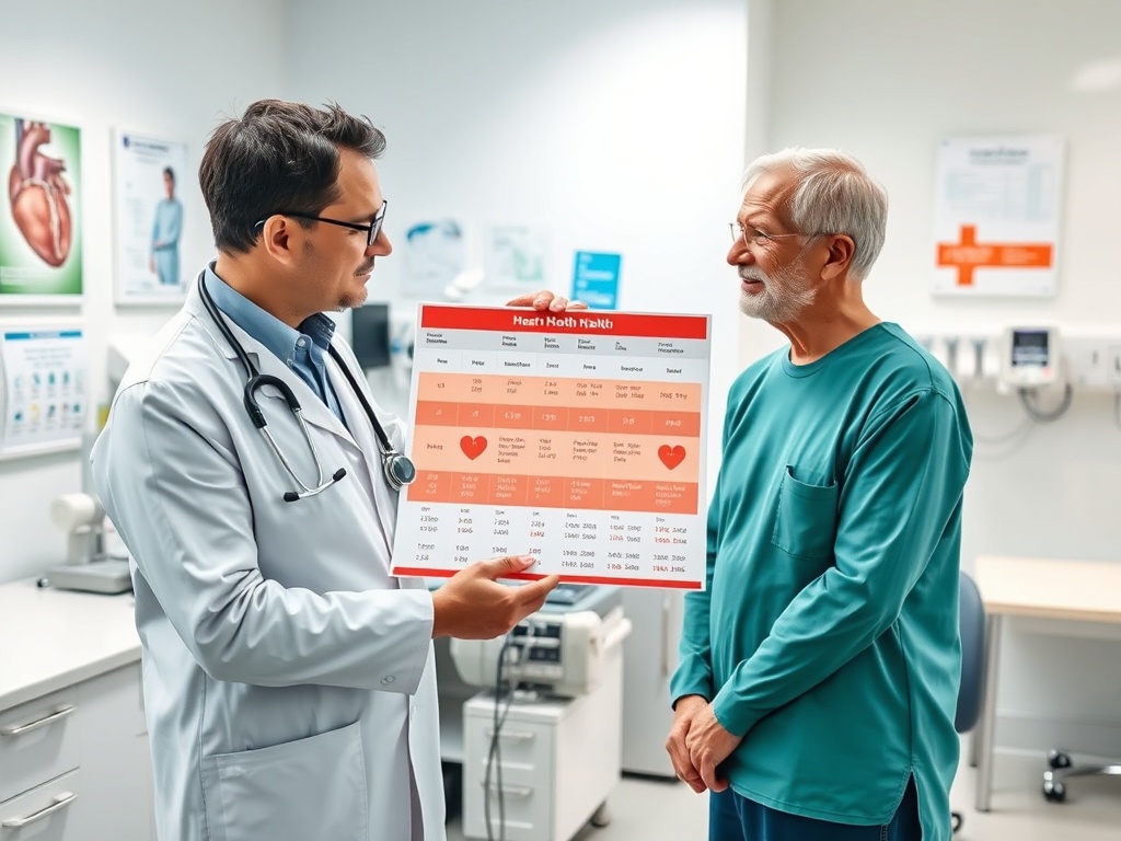Врач объясняет пациенту информацию о здоровье сердца, показывая таблицу с данными.