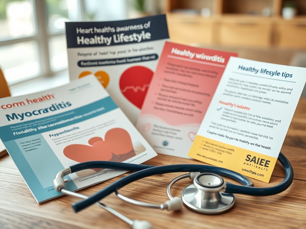 На изображении несколько буклетов о сердечно-сосудистом здоровье и стетоскоп на деревянной поверхности.