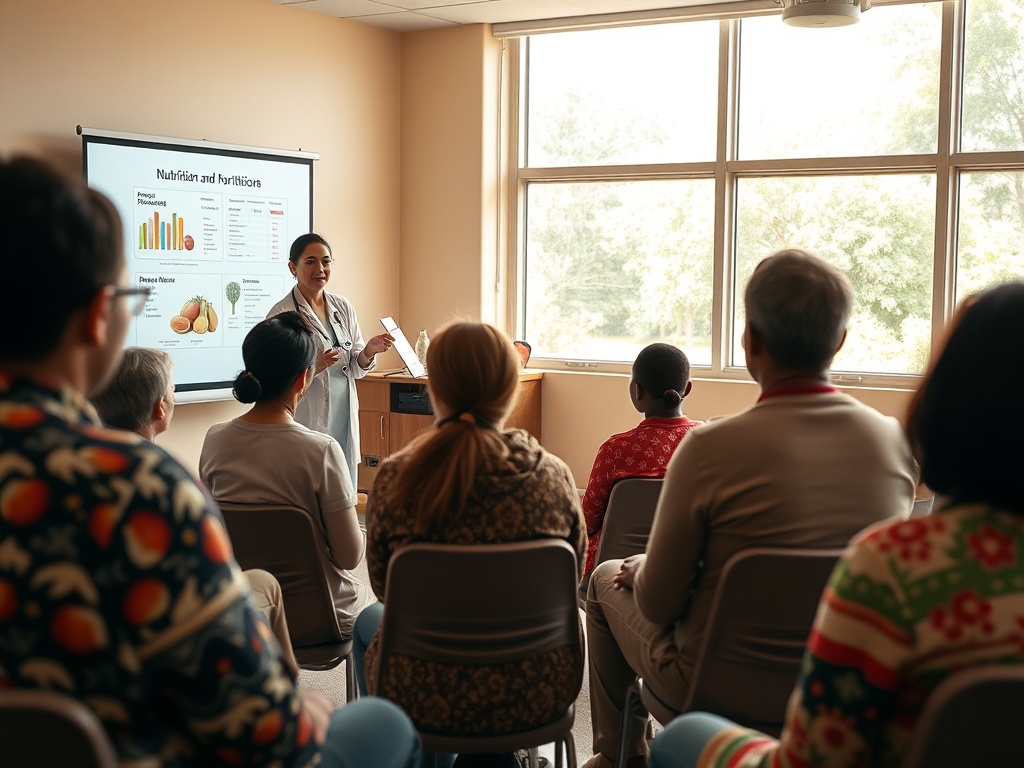 Женщина выступает на семинаре по питанию перед группой слушателей в помещении с большими окнами.