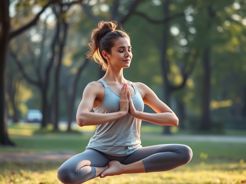 Женщина занимается йогой на траве в парке, скрестив ноги и сложив руки в молитвенной позе.