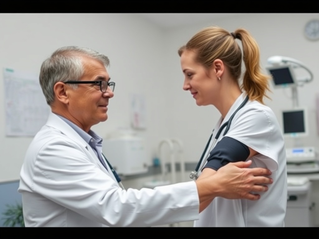 Врач и медсестра общаются в медицинском кабинете, обсуждая результаты обследования пациента.