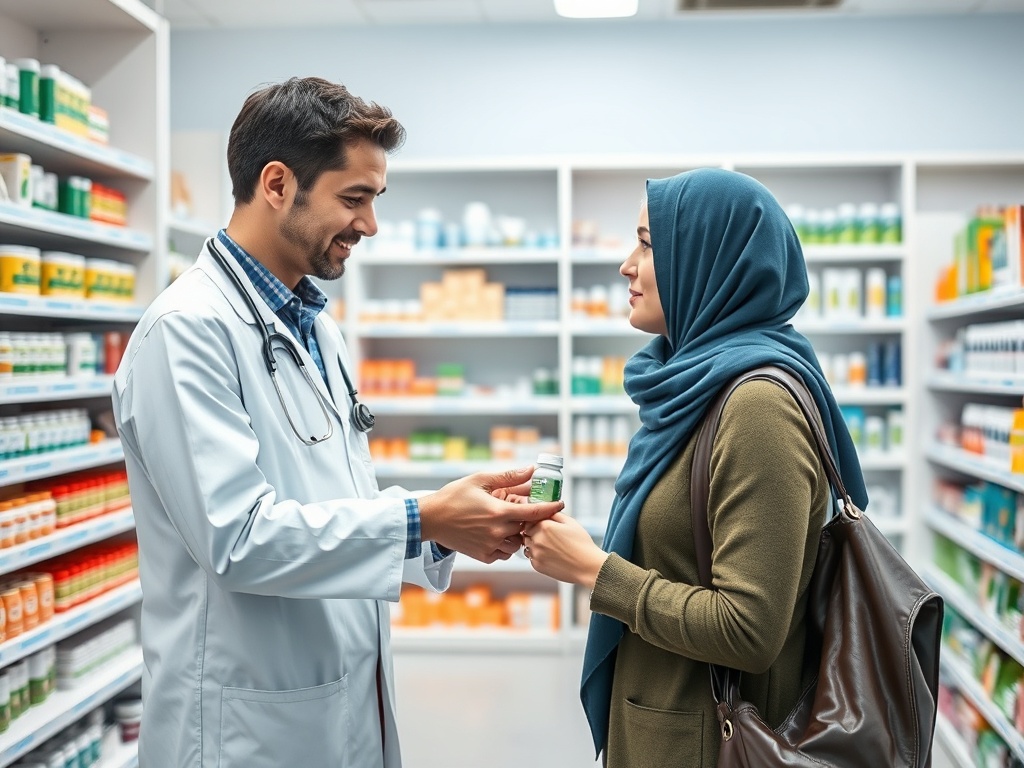 Медицинский работник в аптеке объясняет женщине с платком, как воспользоваться лекарством.