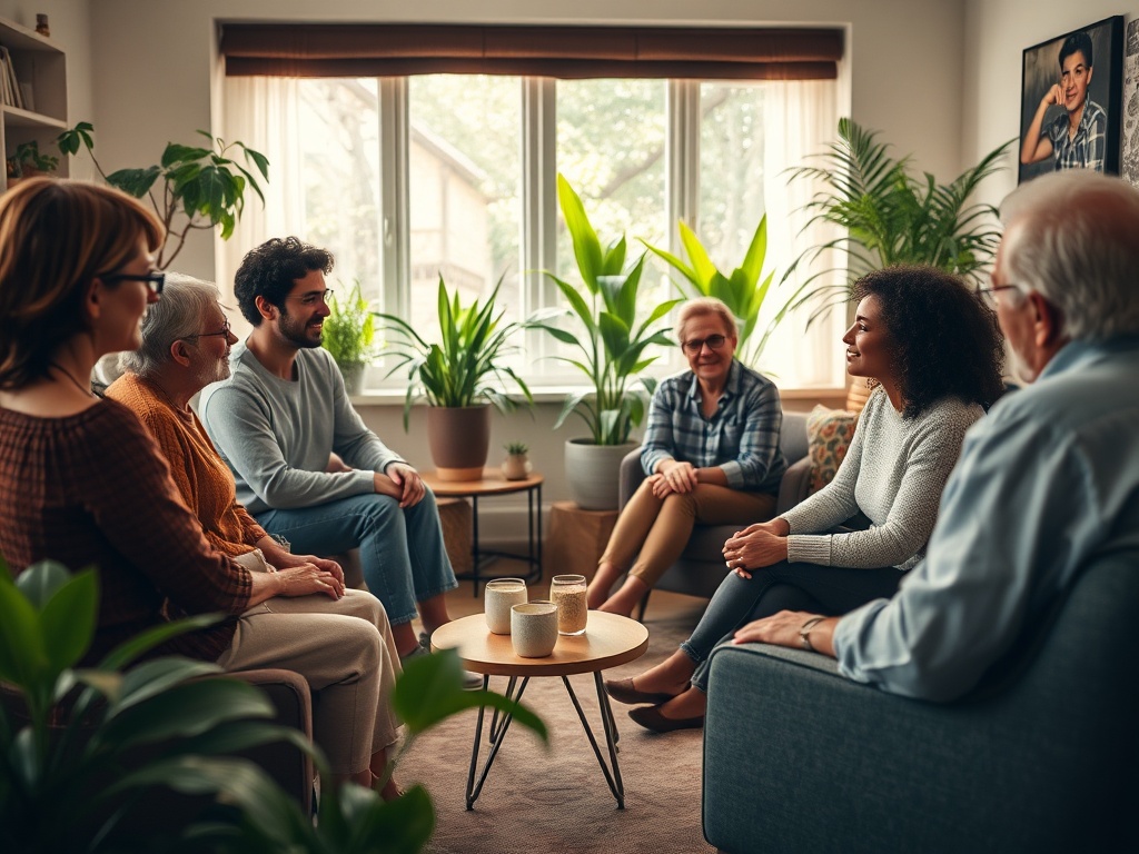 Группа людей сидит в уютной комнате, обсуждая что-то важное, окружённая зелеными растениями.