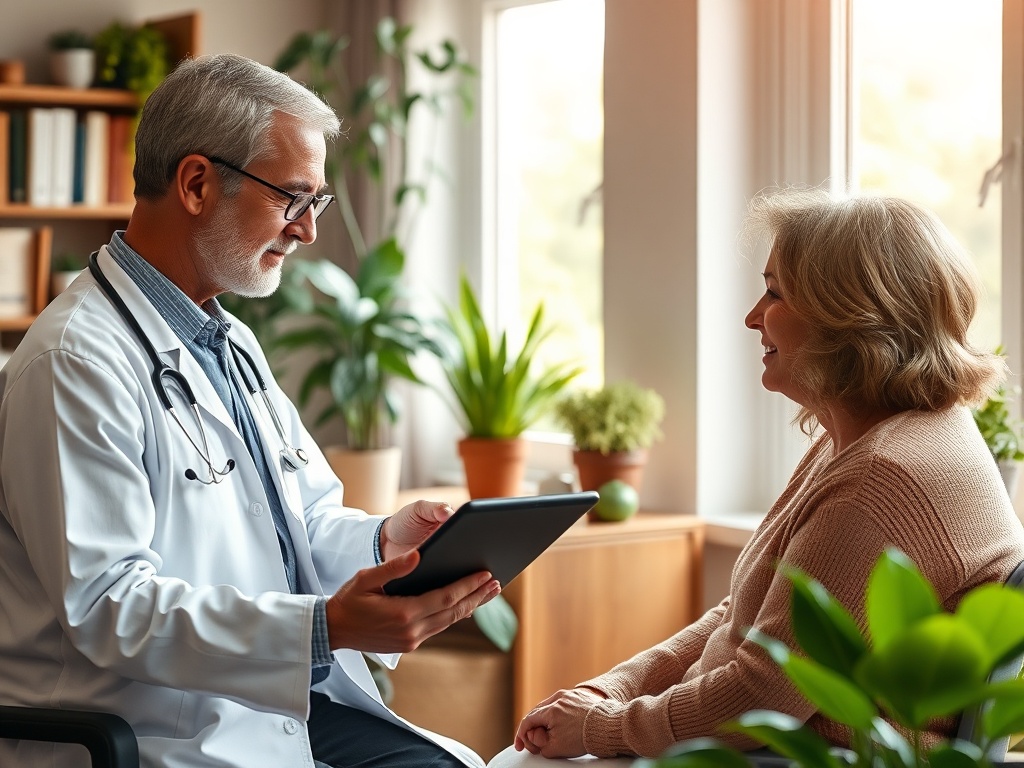 Врач и пациентка конструктивно общаются во время приема в уютном кабинете с растениями.