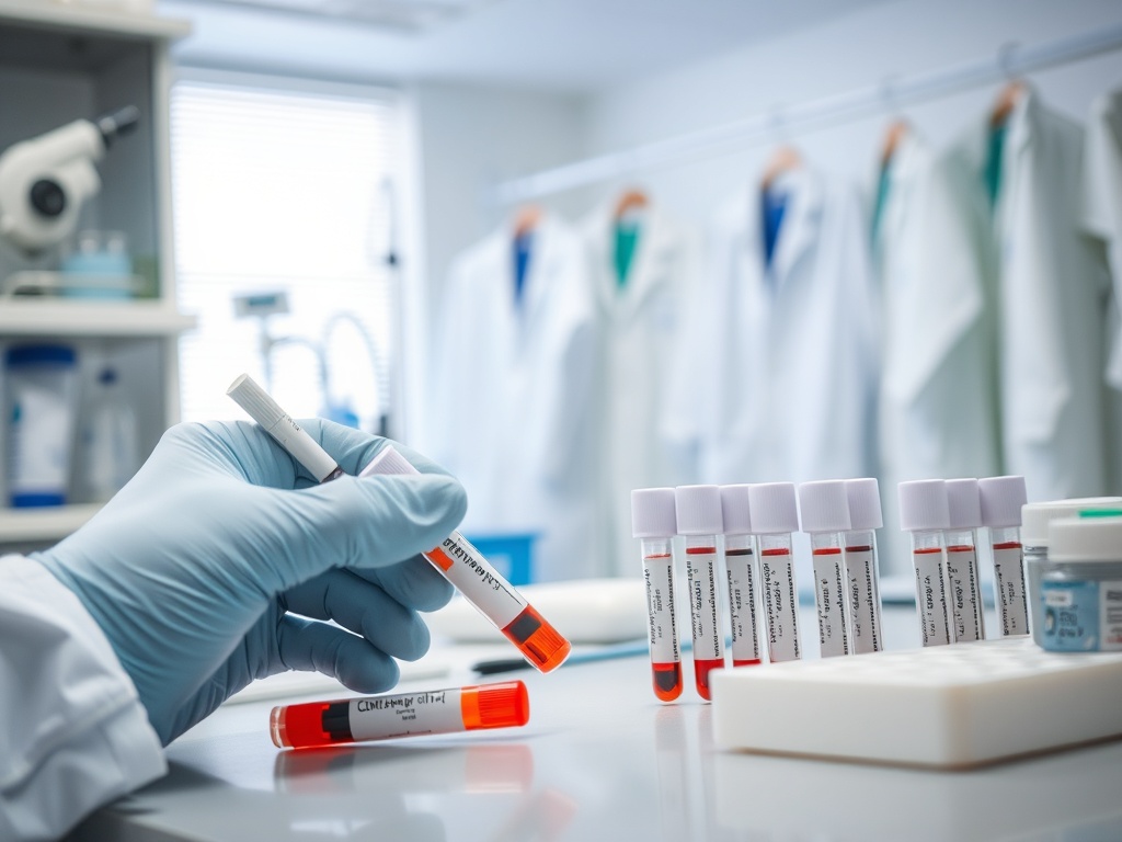 Лаборатория с пробирками и медицинским оборудованием, руки в перчатке держат маркер.